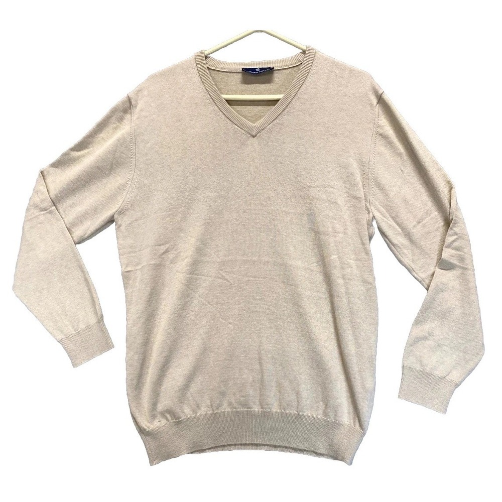 Luchiano Visconti Sweater Mens Large Beige Cotton Knit Ribbed Trim Winter V-Neck